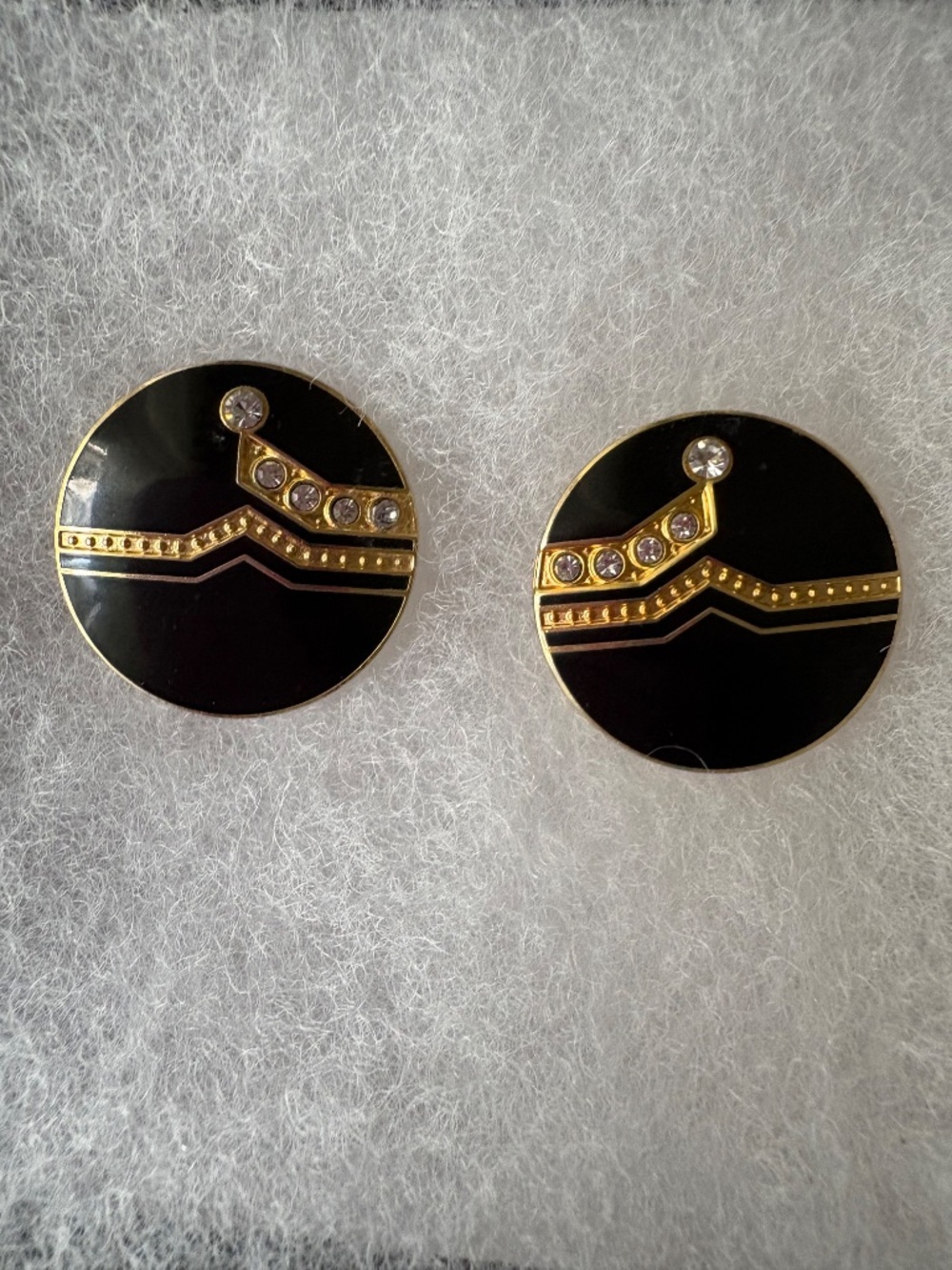 Vintage 80s Nuri Black Enamel Gold Chevron Disc Earrings Art Deco Power Dress